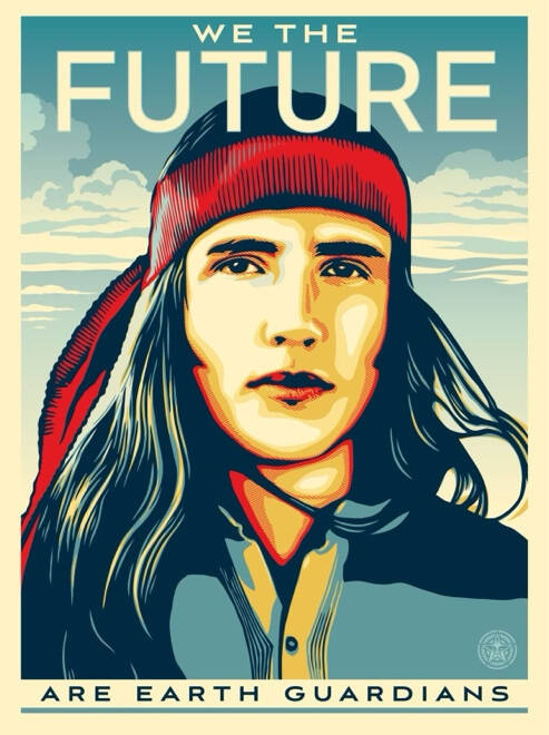 Poster has a portrait of a man with a blue shirt and red bandana. "We the Future" at the top, "Are Earth Guardians" along the bottom edge.